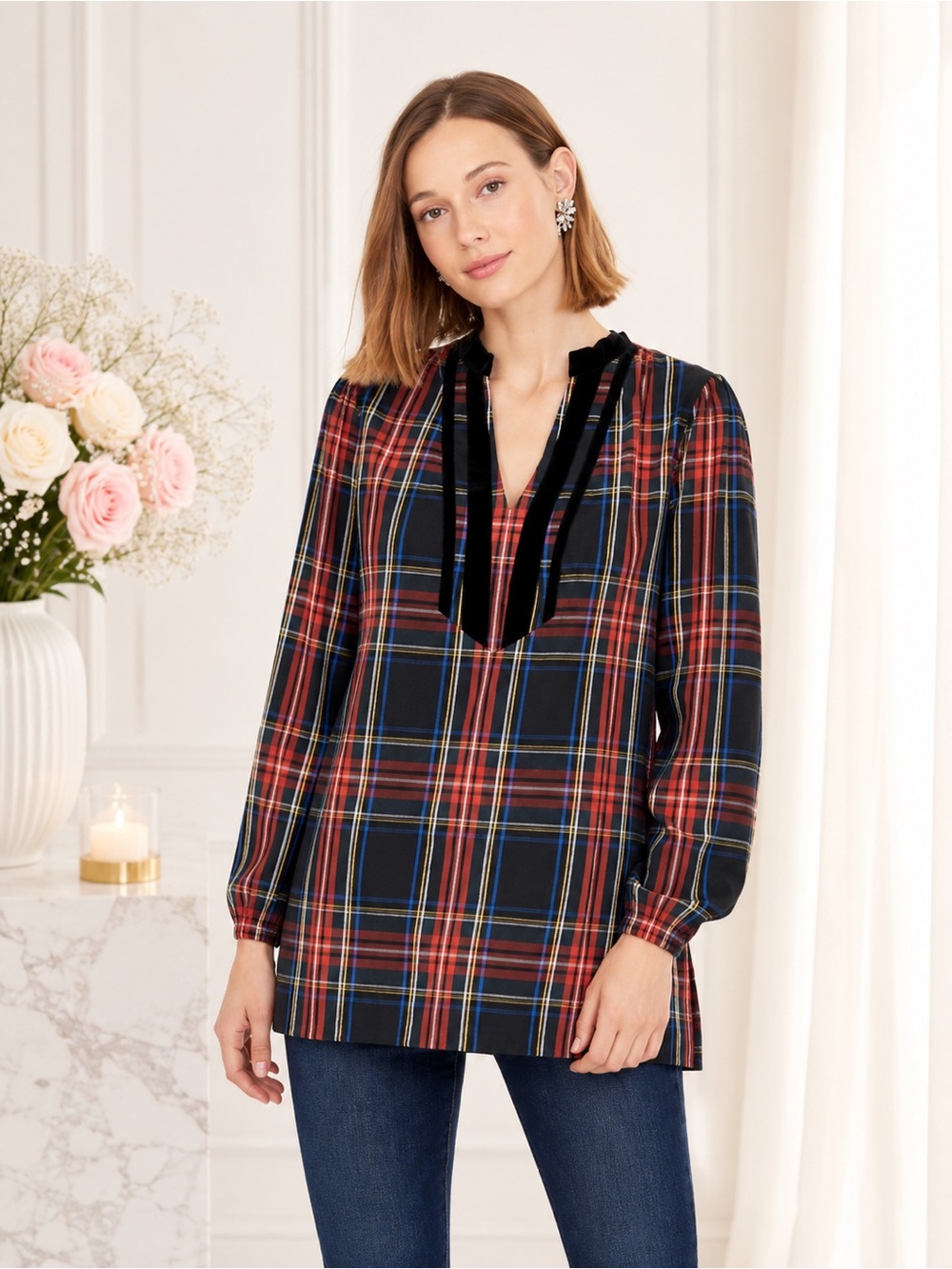 J.Crew Stewart Tartan Plaid Velvet Trim Tunic Top Preppy Holiday NWT XS